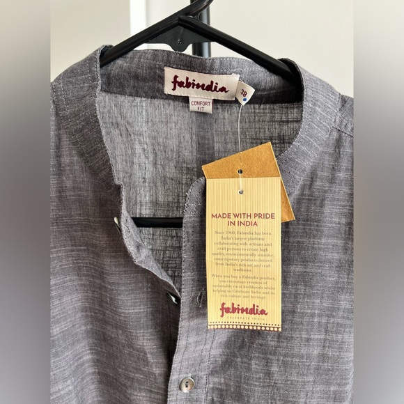 NWT FABINDIA Men's Slate Gray Khadi Woven Cotton Nehru Kurta Sz 38 Comfort M / L - Picture 4 of 9
